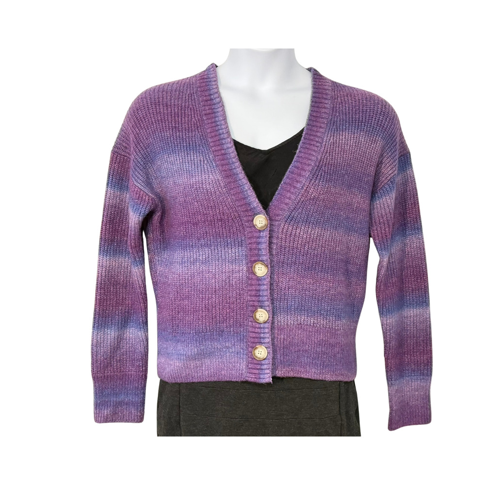 Loft Sz M V-Neck Cardigan Button Front Purple Ombre Stripe Rib Knit Wool Blend